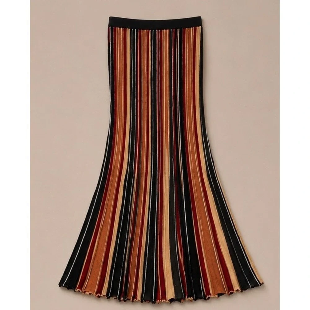 YPNO Italy Cognac Striped‎ Wool Blend Knit Maxi Skirt Size 44IT- US8 NWT